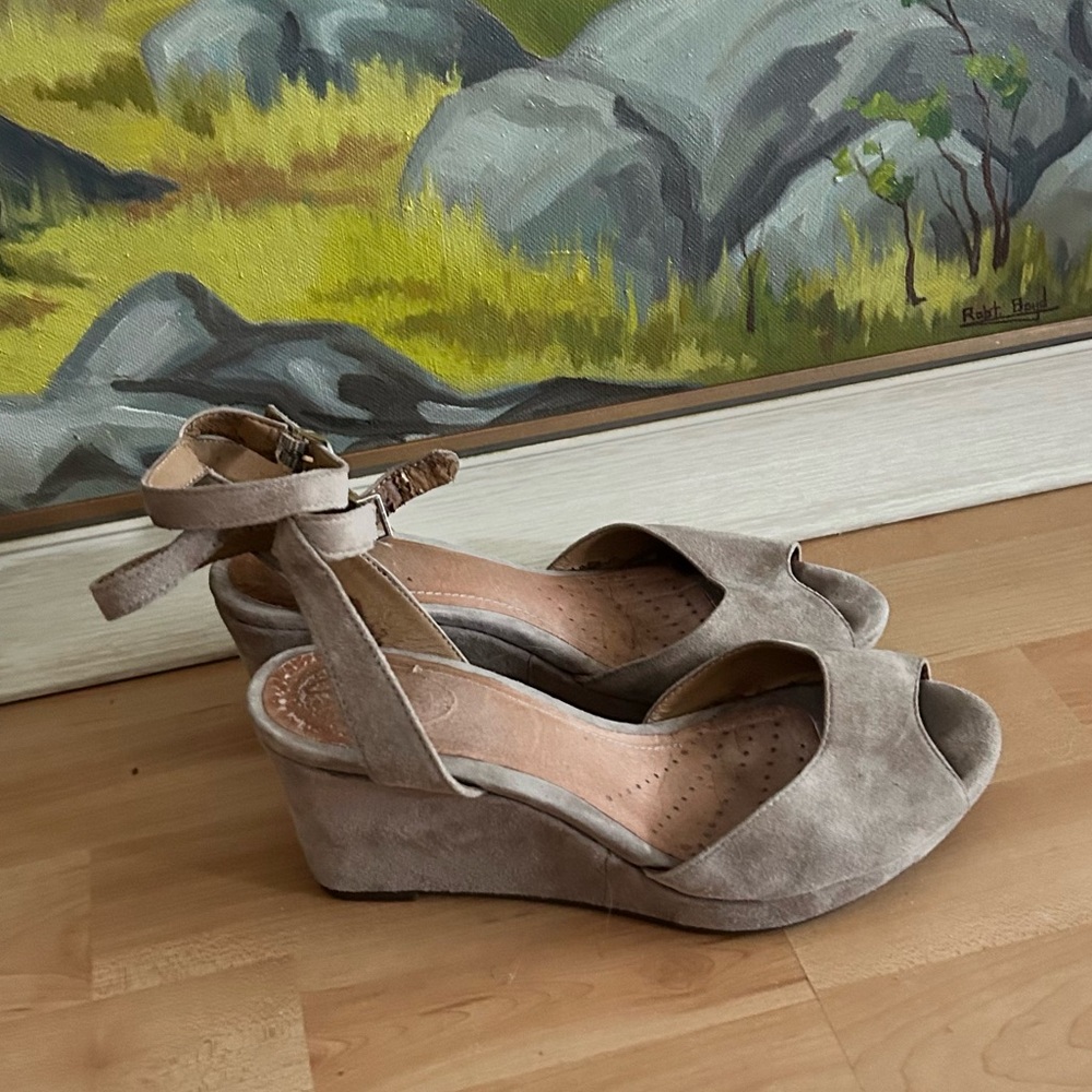 Clarks Taupe Suede Wedge Sandals